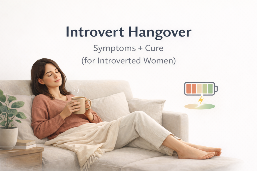Introverted woman relaxing in a cozy chair with tea, recharging after socializing